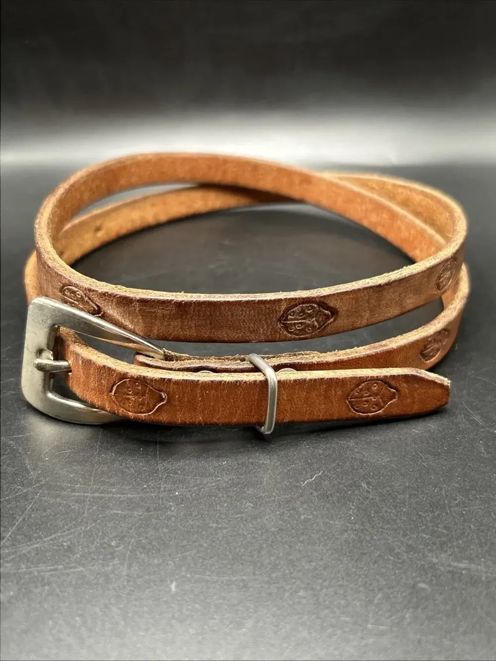 Leather Belt Womens 33 Brown Embossed Ladybug Silver tone Buckle Skinny 1/2”